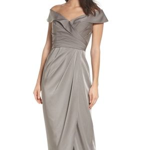 Le Femme Pewter Surplice Off the Shoulder Column Gown- Size 12